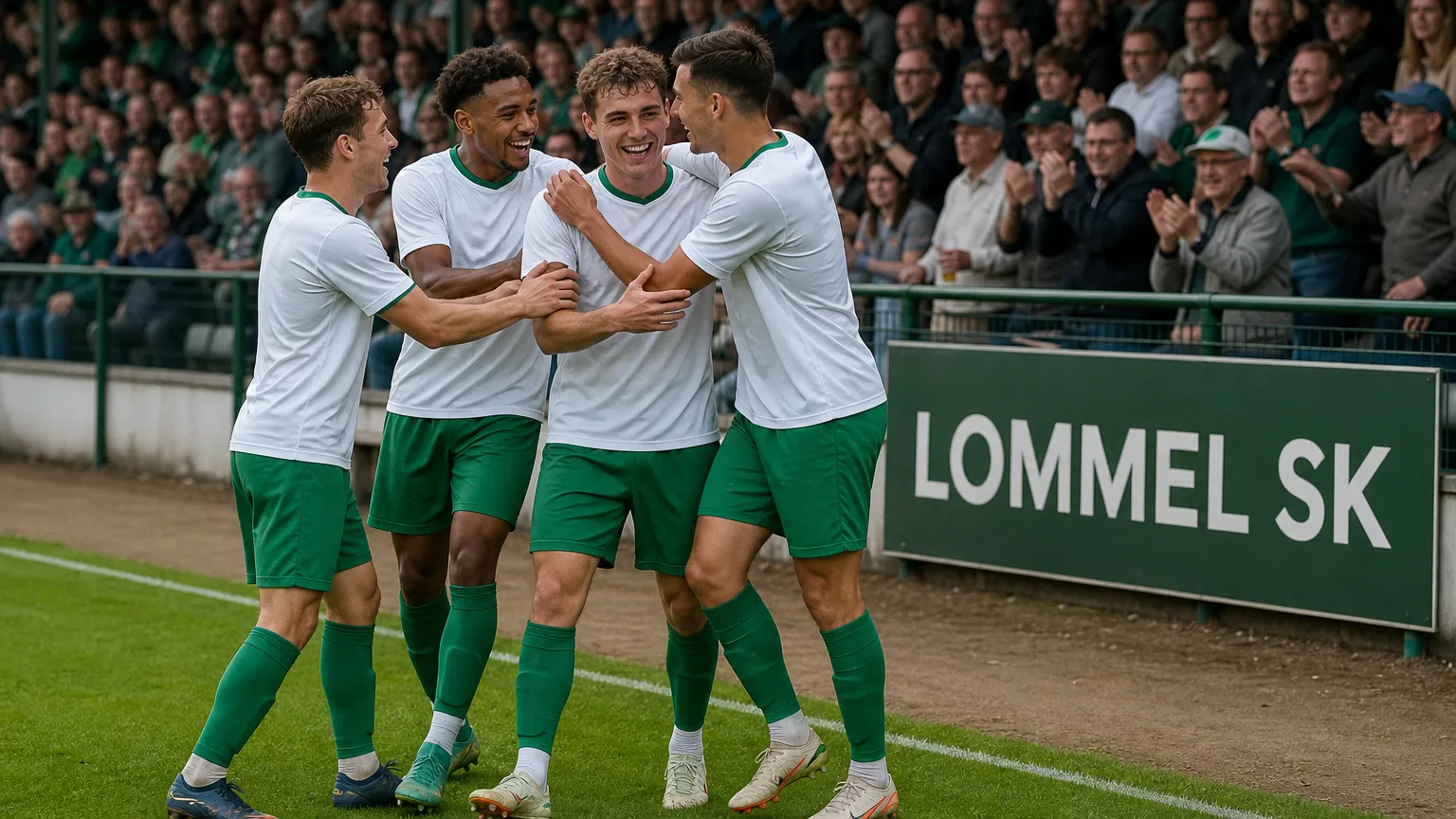 Een groep Lommel SK-spelers viert samen langs het veld.