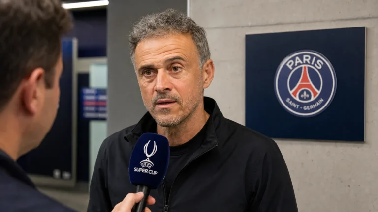 Luis Enrique geeft een interview in de mixed zone na een wedstrijd van PSG.