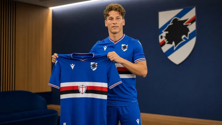 Yari Verschaeren poseert met het Sampdoria-shirt tijdens zijn officiële voorstelling.
