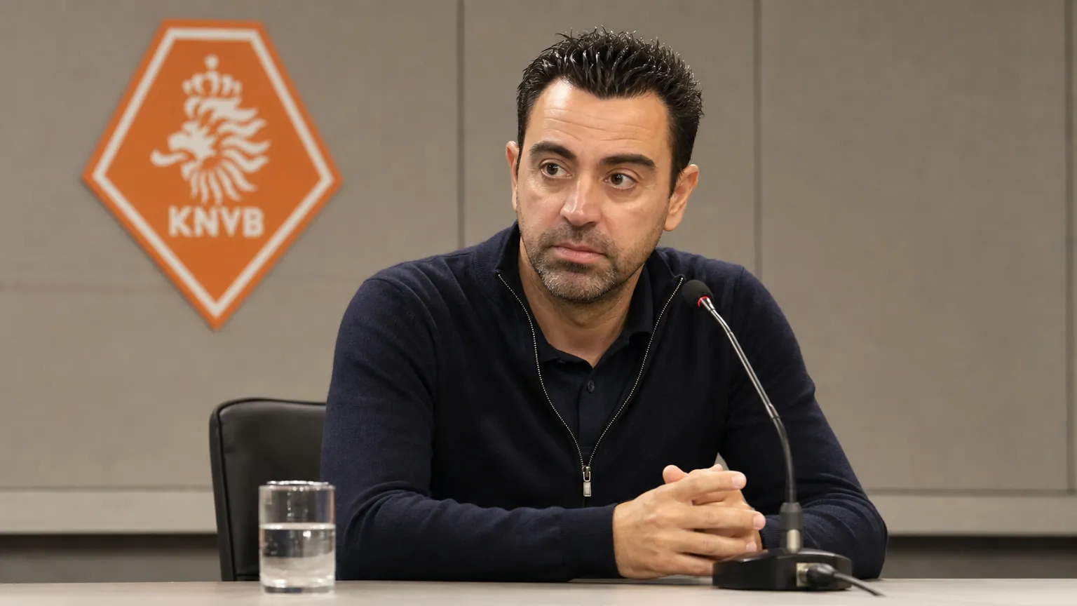 Xavi Hernández tijdens een formeel mediamoment in een KNVB-omgeving.