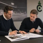 Medewerkers bespreken een spelersdossier in een kantoor van Cercle Brugge.