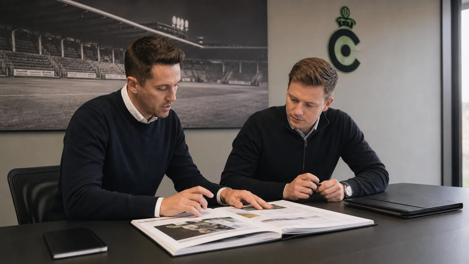 Medewerkers bespreken een spelersdossier in een kantoor van Cercle Brugge.
