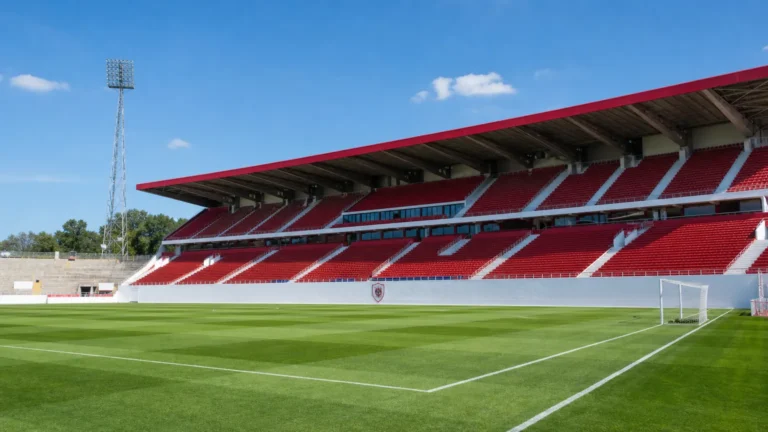 Leeg zicht op het veld van de Bosuil met een discreet Royal Antwerp FC-clubanker.