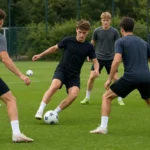 Spelers tijdens een oefenvorm op een trainingsveld met een discreet Cercle Brugge-bord.