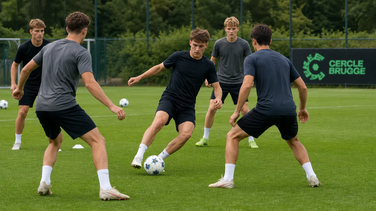 Spelers tijdens een oefenvorm op een trainingsveld met een discreet Cercle Brugge-bord.