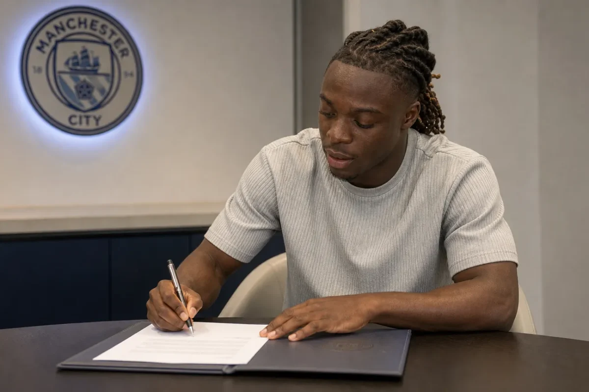 Jérémy Doku ondertekent een contract aan een tafel in een ruimte van Manchester City.