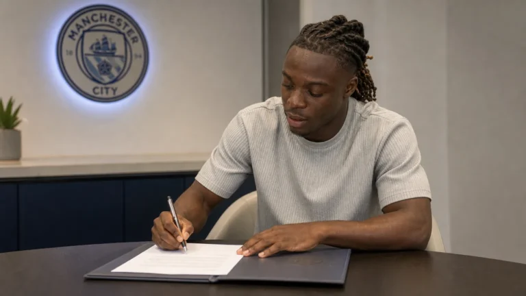 Jérémy Doku ondertekent een contract aan een tafel in een ruimte van Manchester City.