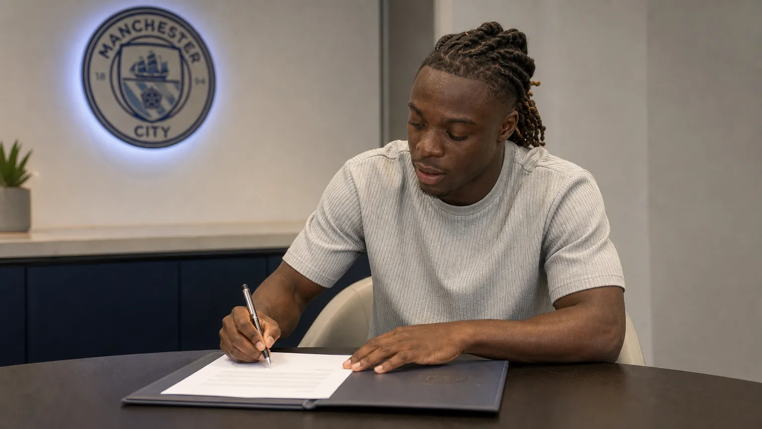 Jérémy Doku ondertekent een contract aan een tafel in een ruimte van Manchester City.