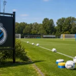 Operationele trainingszone van Club Brugge met een vast clubbord naast het veld.