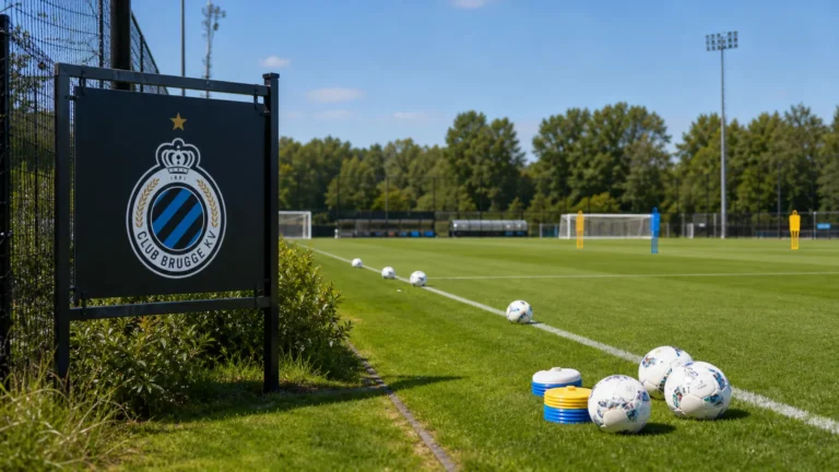 Operationele trainingszone van Club Brugge met een vast clubbord naast het veld.