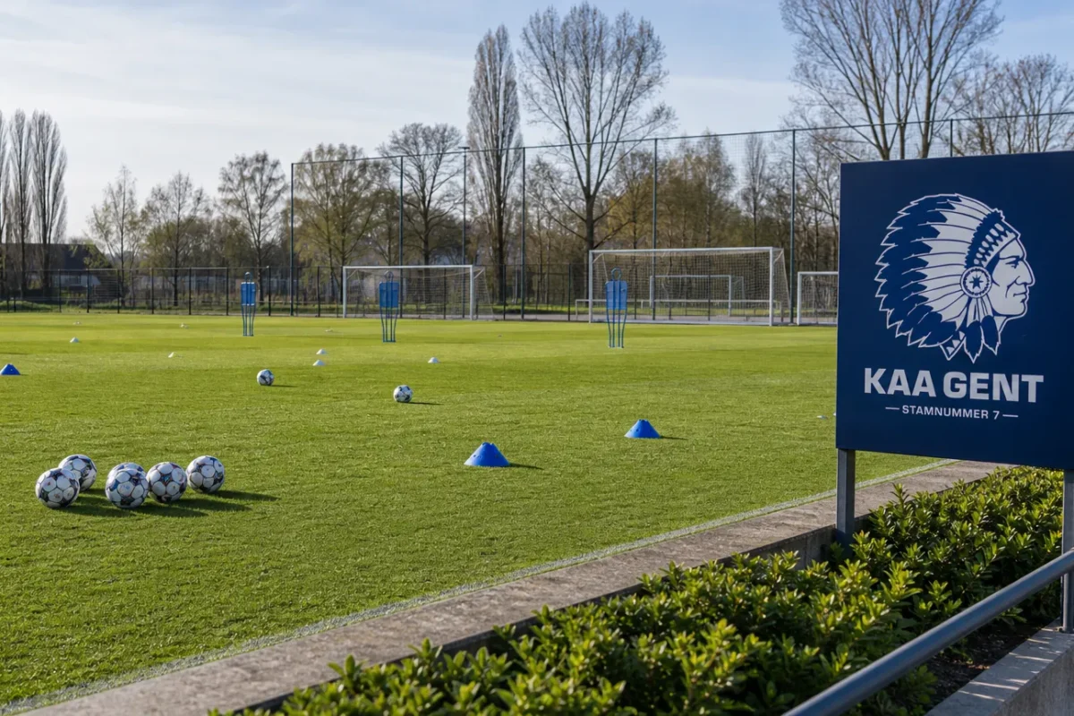 Voorbereid trainingsveld van de jeugdopleiding van KAA Gent met een discreet clubanker.