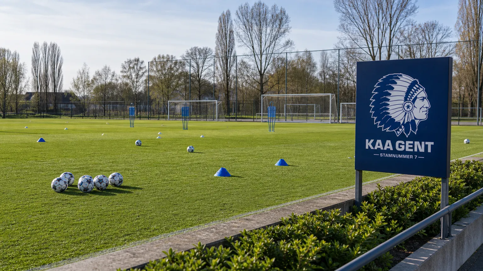 Voorbereid trainingsveld van de jeugdopleiding van KAA Gent met een discreet clubanker.