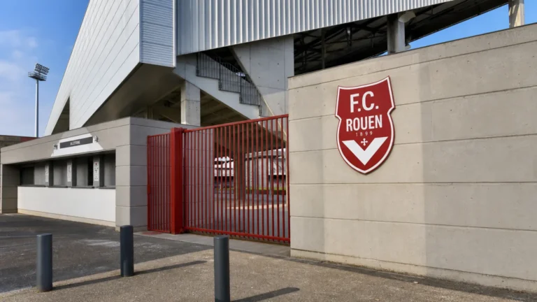 Ingang van het stadion van FC Rouen met een discreet clubbord.