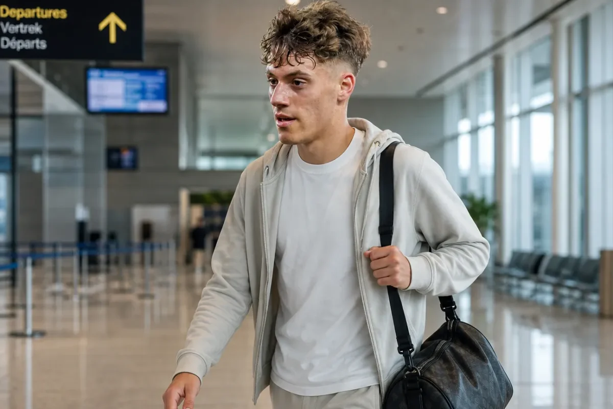 Giannis Konstantelias in neutrale reiskleding in een luchthavenvertrekhal.