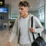 Giannis Konstantelias in neutrale reiskleding in een luchthavenvertrekhal.