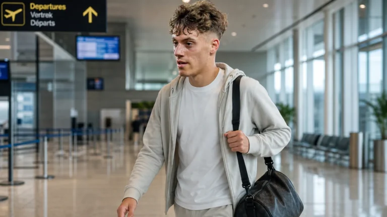 Giannis Konstantelias in neutrale reiskleding in een luchthavenvertrekhal.