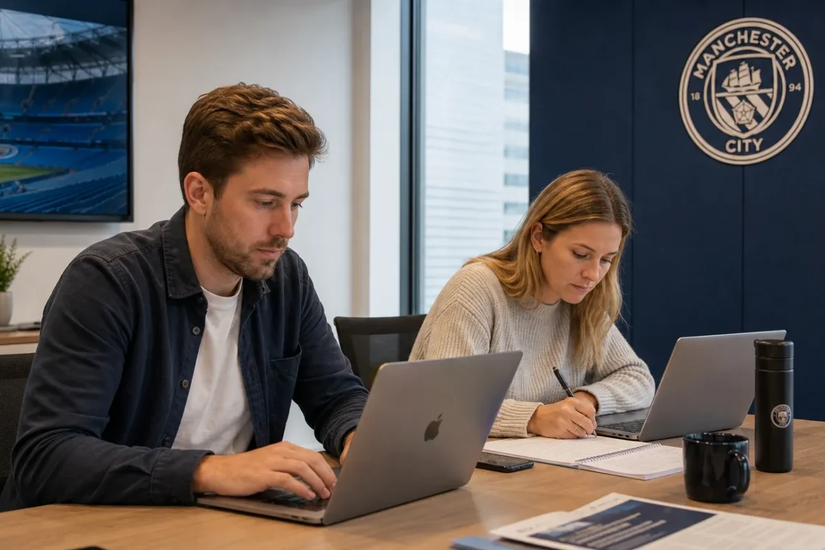Communicatiemedewerkers aan het werk in een kantoorruimte van Manchester City.