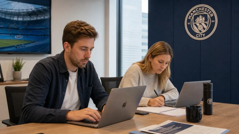 Communicatiemedewerkers aan het werk in een kantoorruimte van Manchester City.