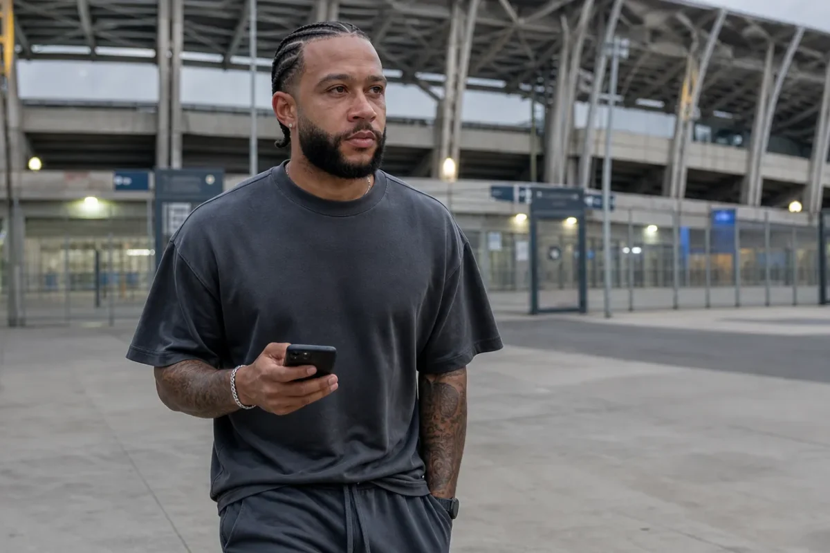 Memphis Depay in neutrale kleding buiten een Braziliaans voetbalstadion.