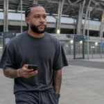 Memphis Depay in neutrale kleding buiten een Braziliaans voetbalstadion.