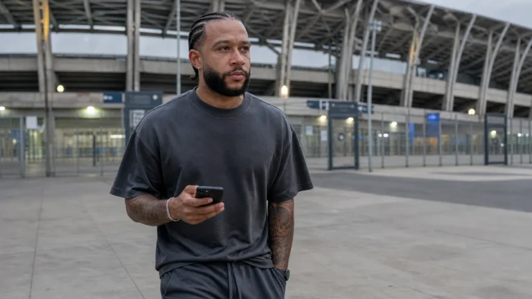 Memphis Depay in neutrale kleding buiten een Braziliaans voetbalstadion.