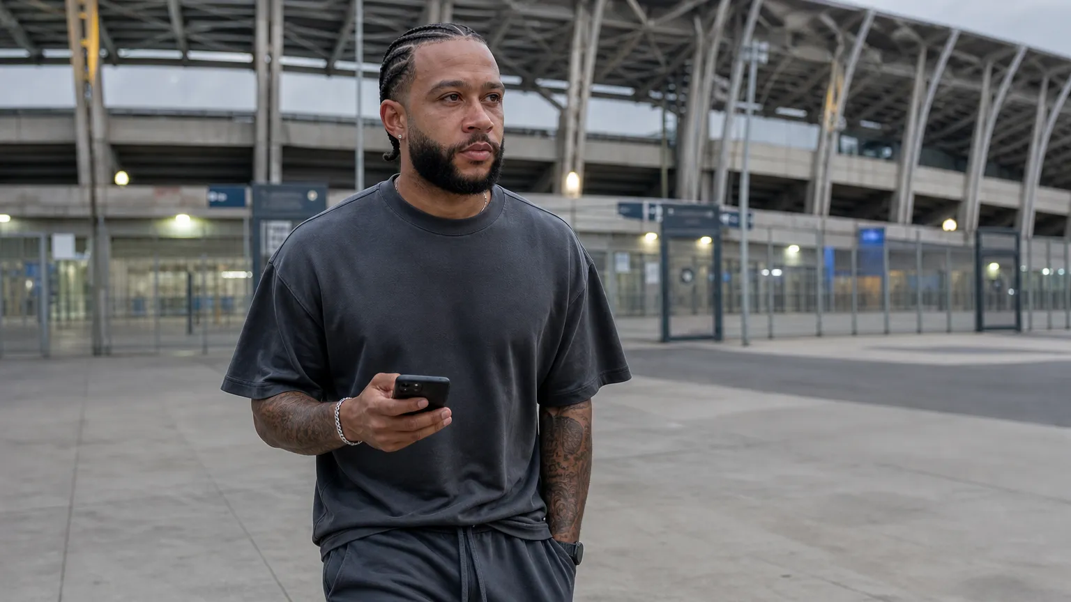 Memphis Depay in neutrale kleding buiten een Braziliaans voetbalstadion.