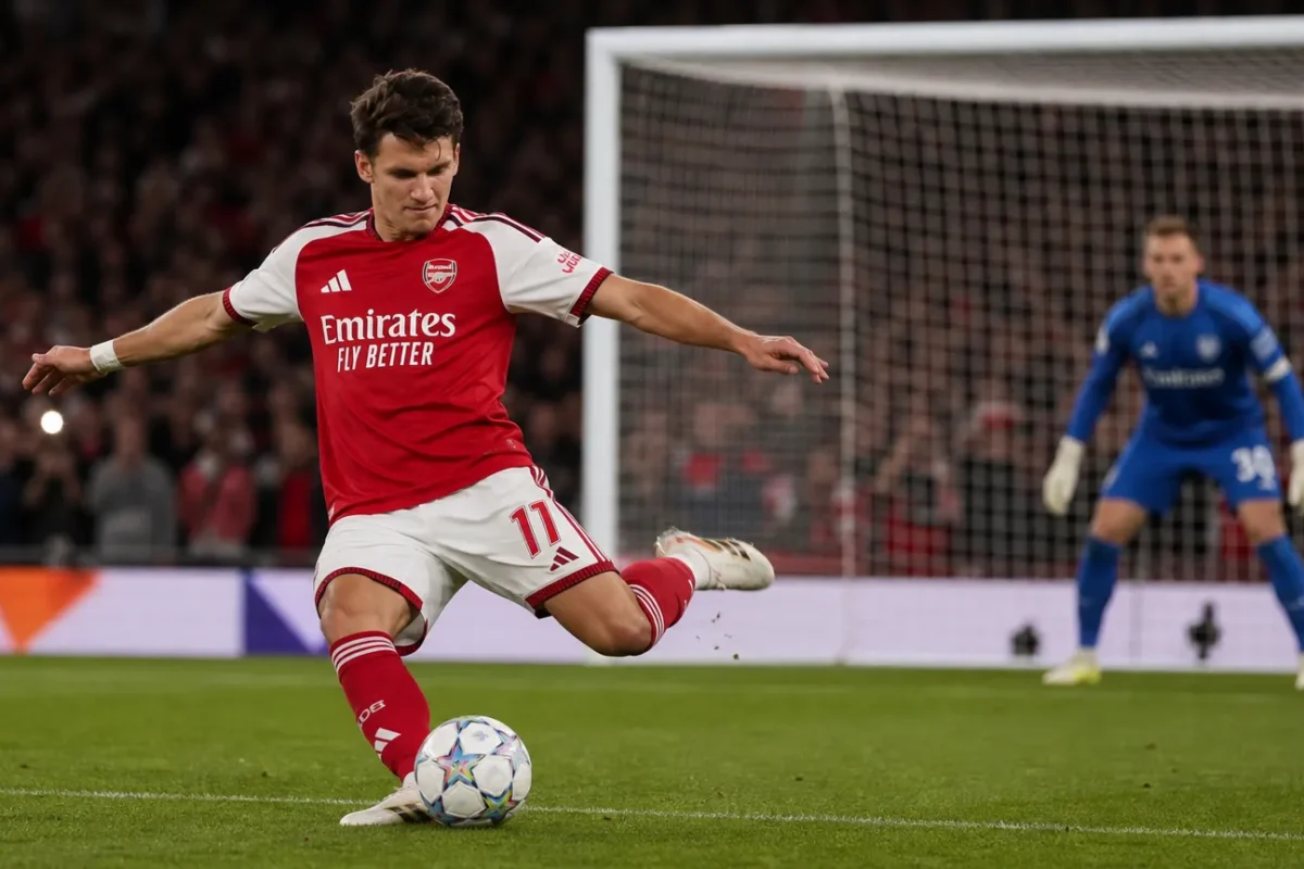 Christos Tzolis neemt een strafschop voor Arsenal in het Emirates Stadium.