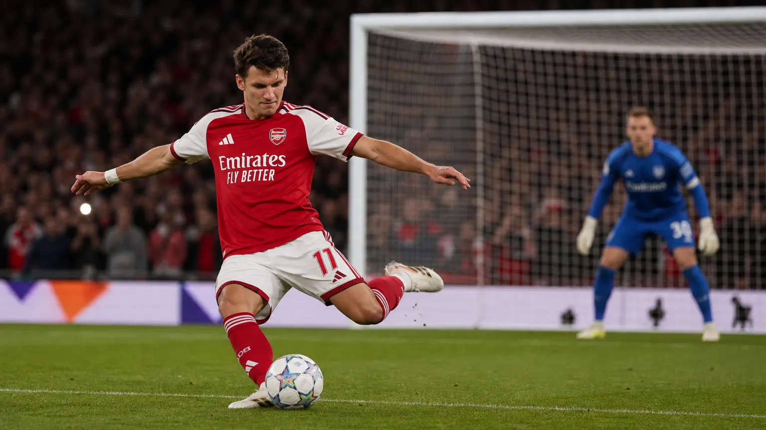 Christos Tzolis neemt een strafschop voor Arsenal in het Emirates Stadium.