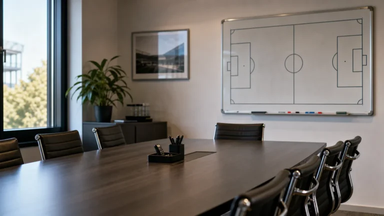 Een lege vergaderruimte in een Italiaans voetbalcomplex met stoelen en een tactiekbord.