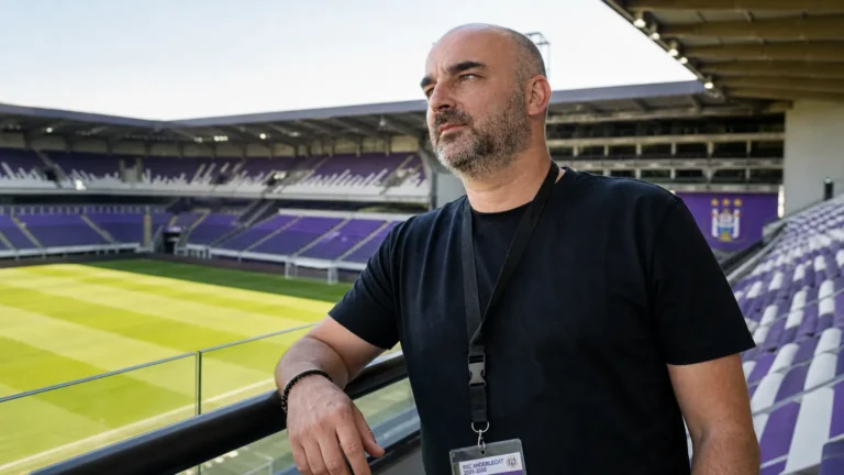 Antoine Sibierski in zwarte kleding op de tribune van het Lotto Park.