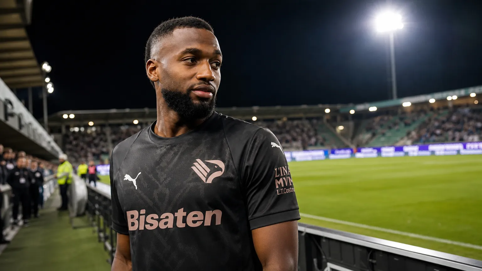 Salim Diakité in een donker Palermo-tenue aan de rand van een verlicht voetbalveld.