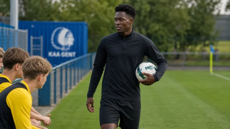 Abdul Aziz Ouedraogo in neutrale sportkleding tijdens een groepsmoment bij Jong KAA Gent.