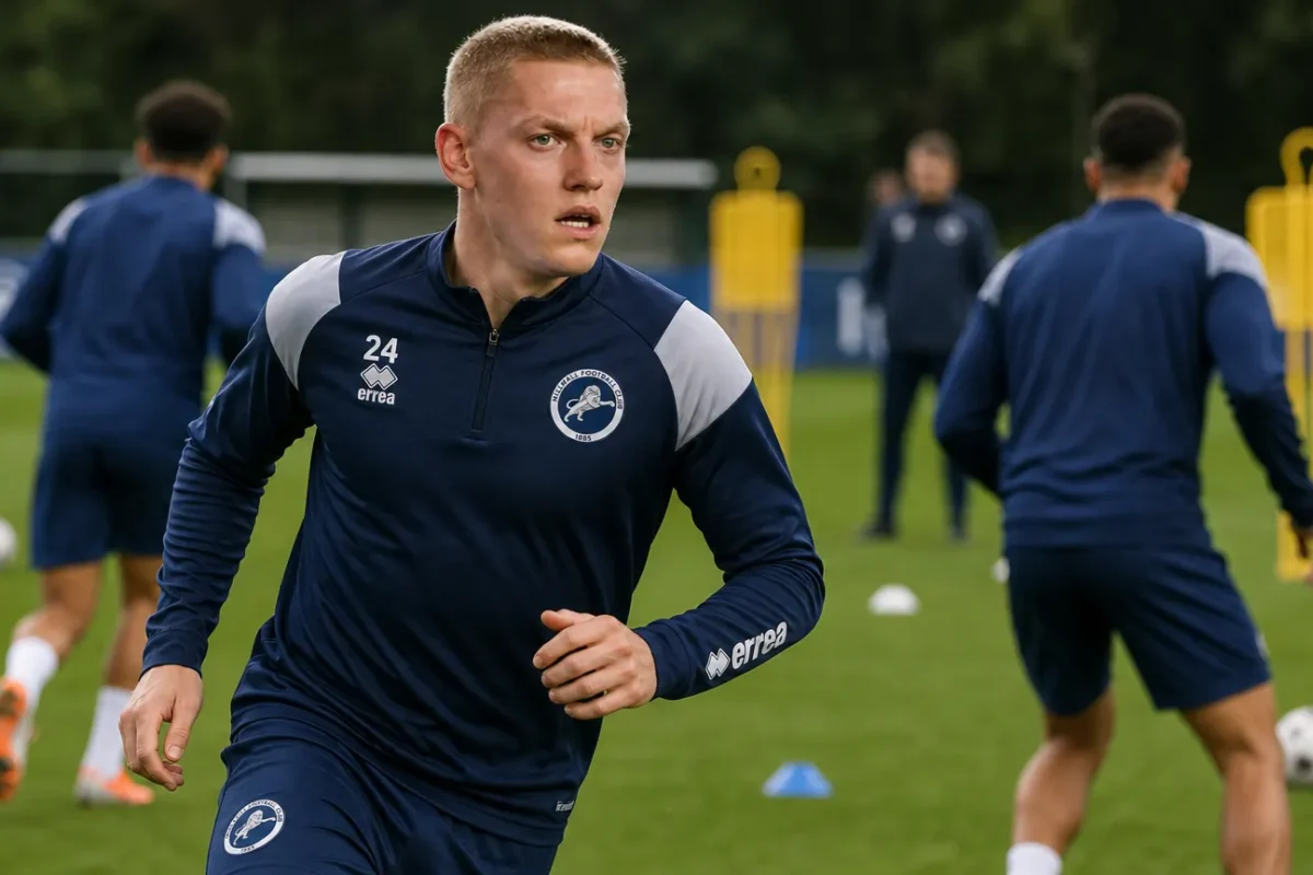 Spelers en staf op het trainingsveld van Millwall.