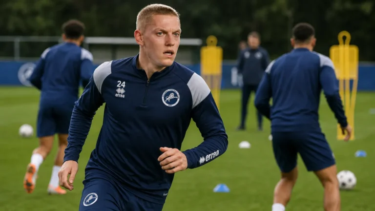 Spelers en staf op het trainingsveld van Millwall.