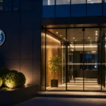 Verlichte ingang van een kantooromgeving van Paris Saint-Germain met een discreet clubembleem aan de gevel.