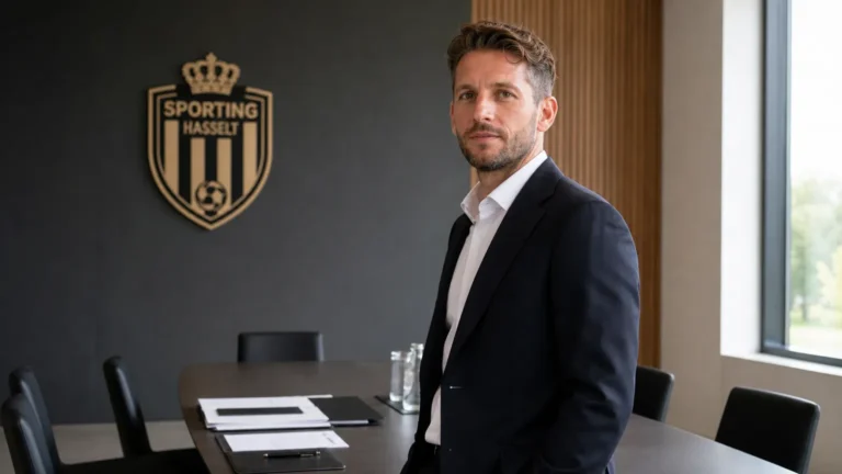 Dries Mertens in een vergaderruimte met een discreet Sporting Hasselt-clubanker.