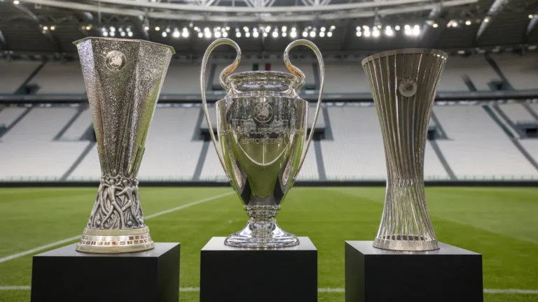 Drie Europese voetbaltrofeeën opgesteld in een neutrale voetbalomgeving.