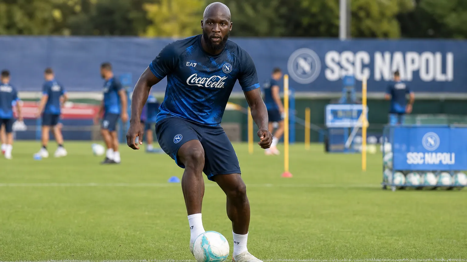 Romelu Lukaku op het trainingsveld van Napoli.