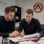 Medewerkers bekijken een spelersdossier in een operationeel kantoor van KV Kortrijk.