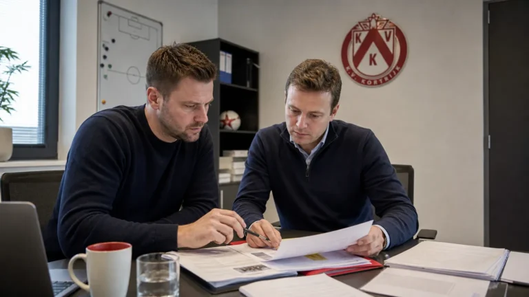 Medewerkers bekijken een spelersdossier in een operationeel kantoor van KV Kortrijk.