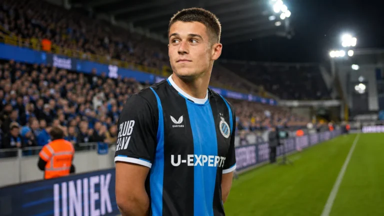 Nicolò Tresoldi in het blauw-zwarte shirt van Club Brugge aan de rand van het veld.