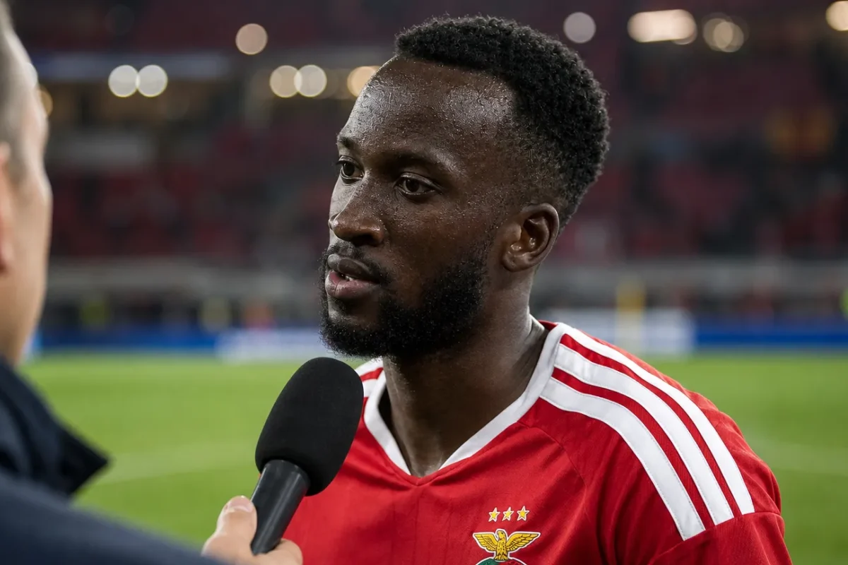 Dodi Lukebakio spreekt na de wedstrijd in een rode Benfica-shirt met een journalist.