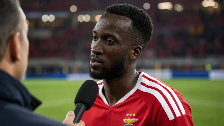 Dodi Lukebakio spreekt na de wedstrijd in een rode Benfica-shirt met een journalist.