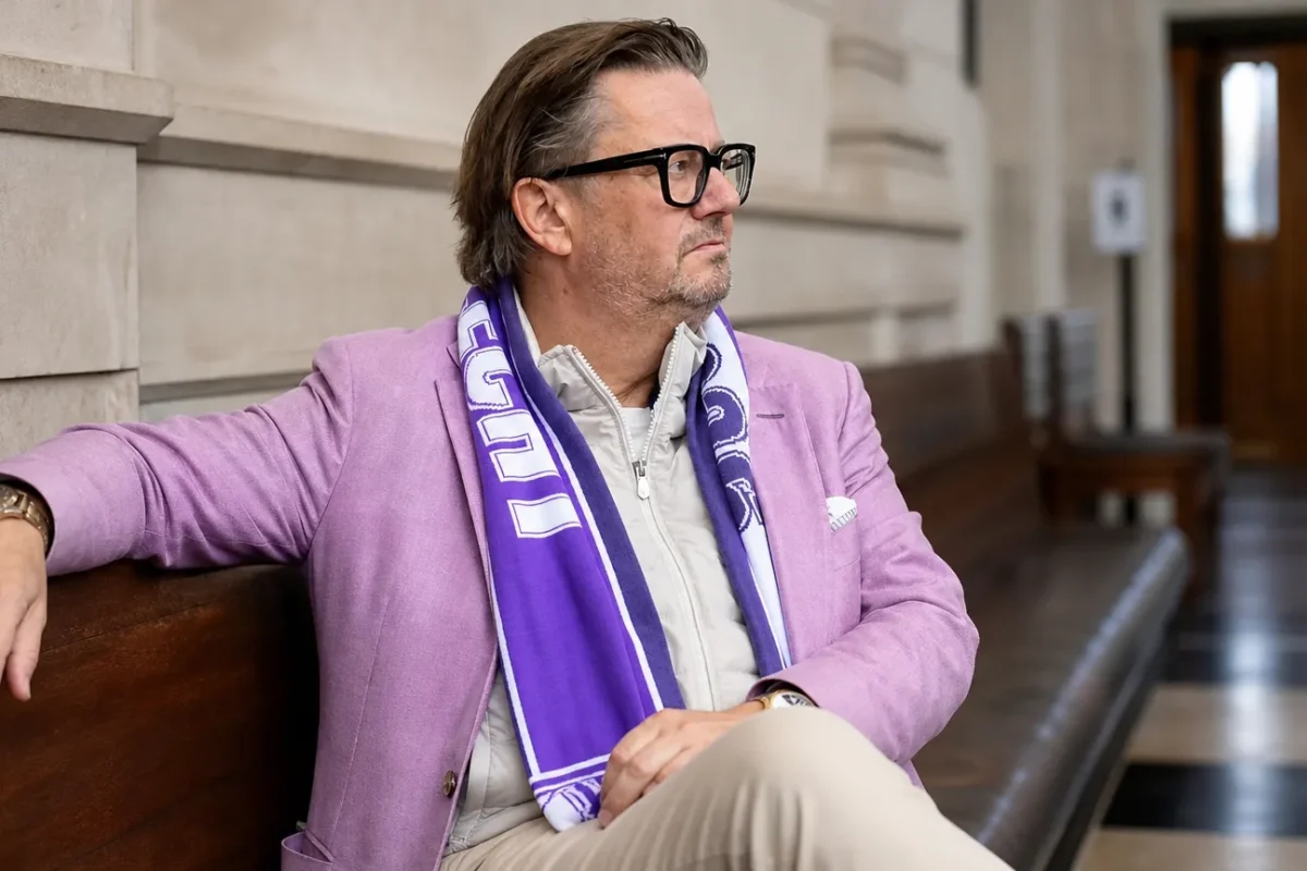 Marc Coucke zit met een paars-witte sjaal in een gerechtsgebouw.