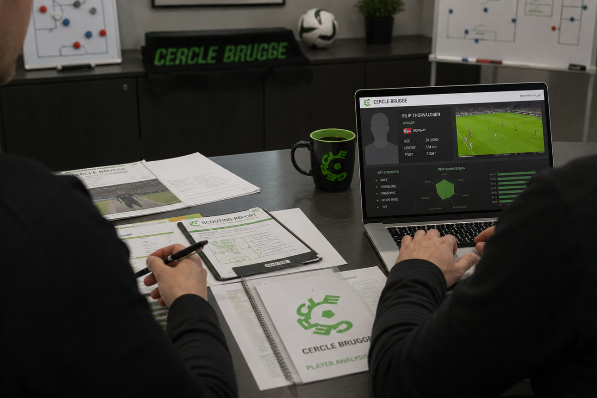 Anonieme medewerkers bekijken scoutingrapporten in een kantoor van Cercle Brugge.