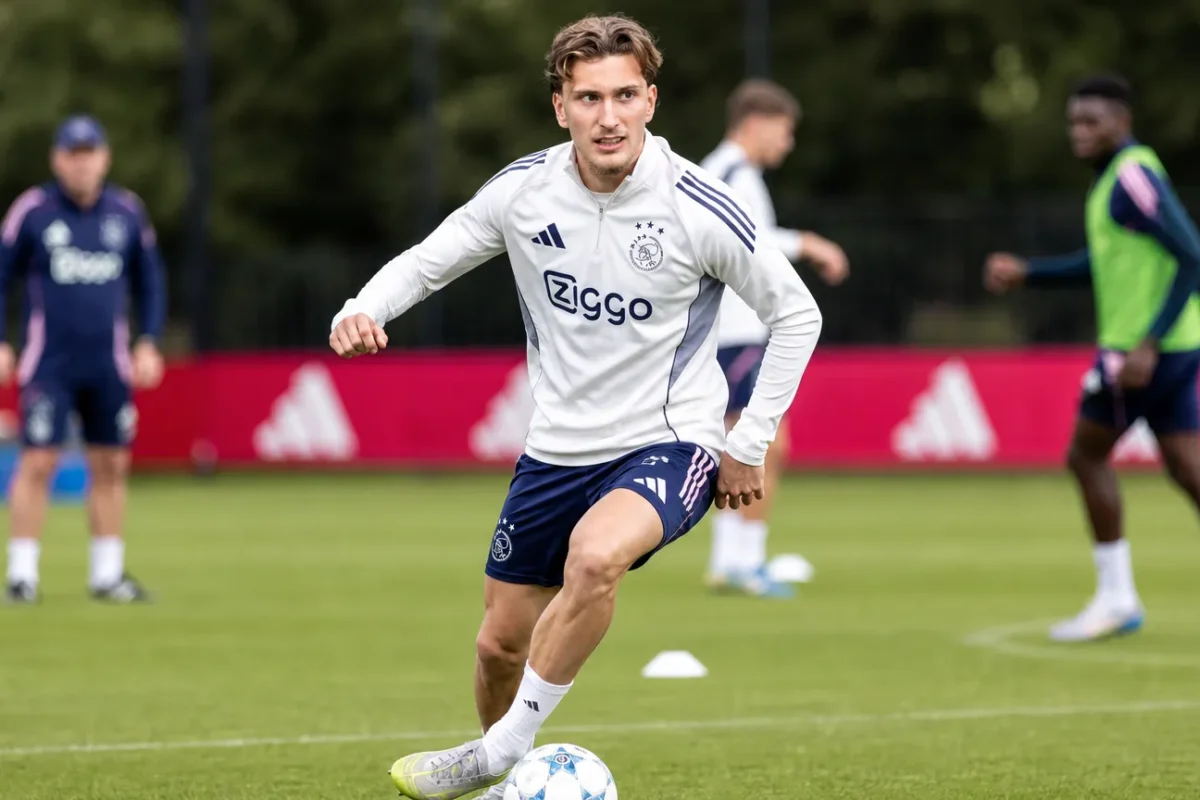 Mika Godts in het shirt van Ajax tijdens een voetbalmoment