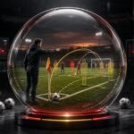 Grote glazen bol op een trainingsveld terwijl een coach een hoekschoproutine voorbereidt