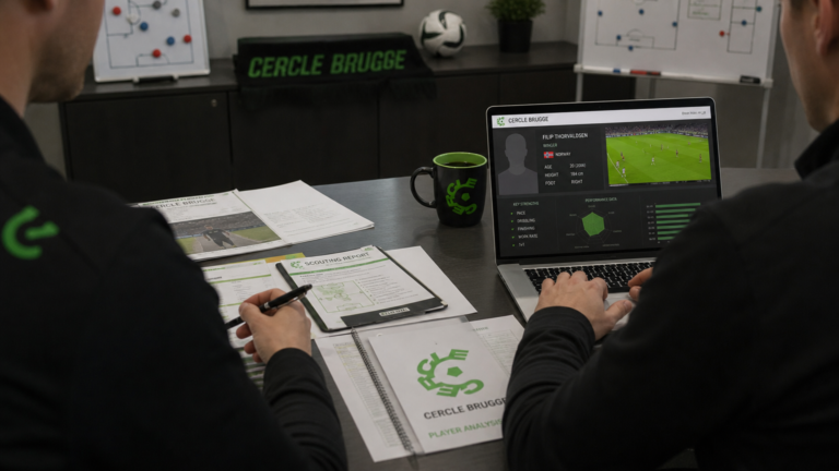 Anonieme medewerkers bekijken scoutingrapporten in een kantoor van Cercle Brugge.