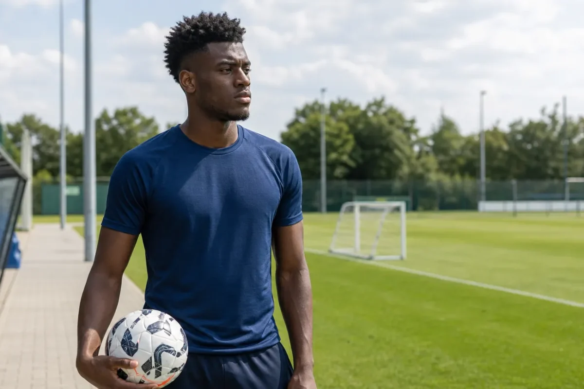 Benoît Badiashile in neutrale sportkleding naast een trainingsveld.