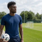 Benoît Badiashile in neutrale sportkleding naast een trainingsveld.
